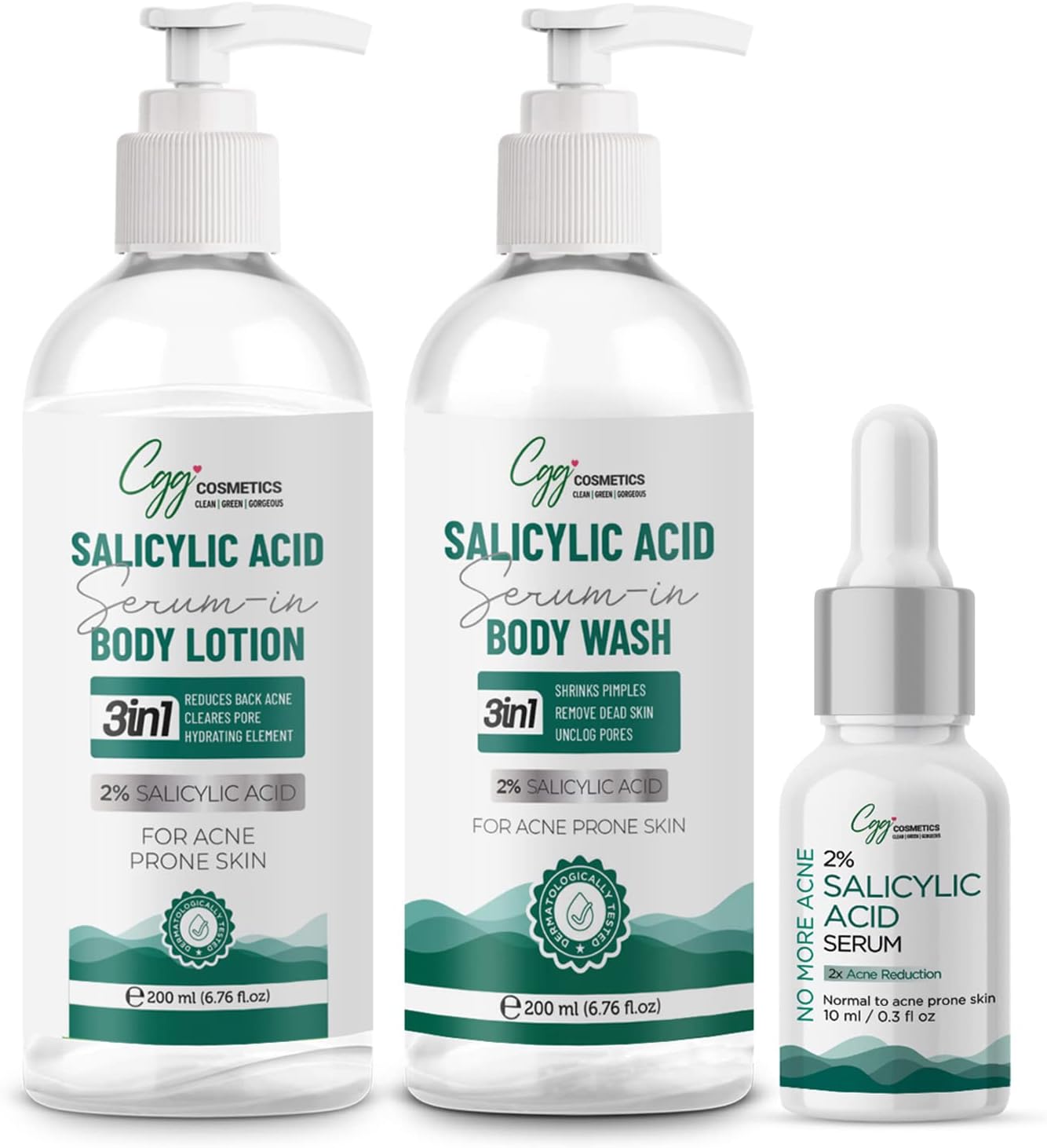 CGG Cosmetics 2% Salicylic Serum in Body Lotion 200ml, Body Wash 200ml & FREE10ml 2% Salicylic Serum-Combo, For Reduce back acne, Hydrating element, Clear pore