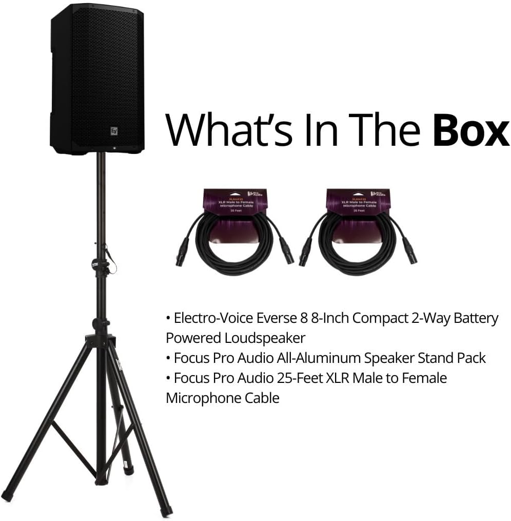 Electro-Voice Everse 8 8-Inch Compact 2-Way Battery Powered Loudspeaker with Bluetooth Audio (Black) Bundle with Focus Pro Audio Speaker Stand and Focus Pro Audio 25 Feet (3 Items)