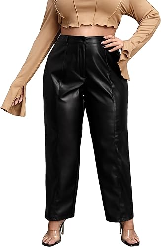 WDIRARA Women's Plus Size High Waist PU Leather Pants Stretch Button Pants Black