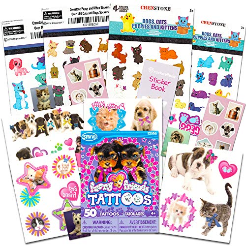 Puppy Stickers and Furry Friends Tattoos Party Favor Pack (Over 200 Stickers and 50 Temporary Tattoos)