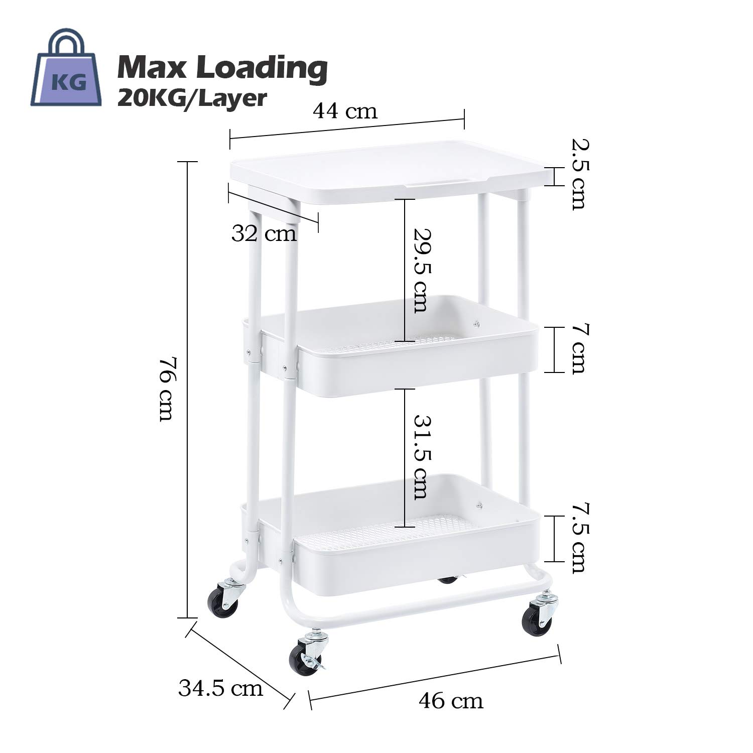 Chariot Rangement 3 Niveaux KINGRACK Avec Plateau Bois - Roulettes Pour Cuisine, Salle De Bain, Marron