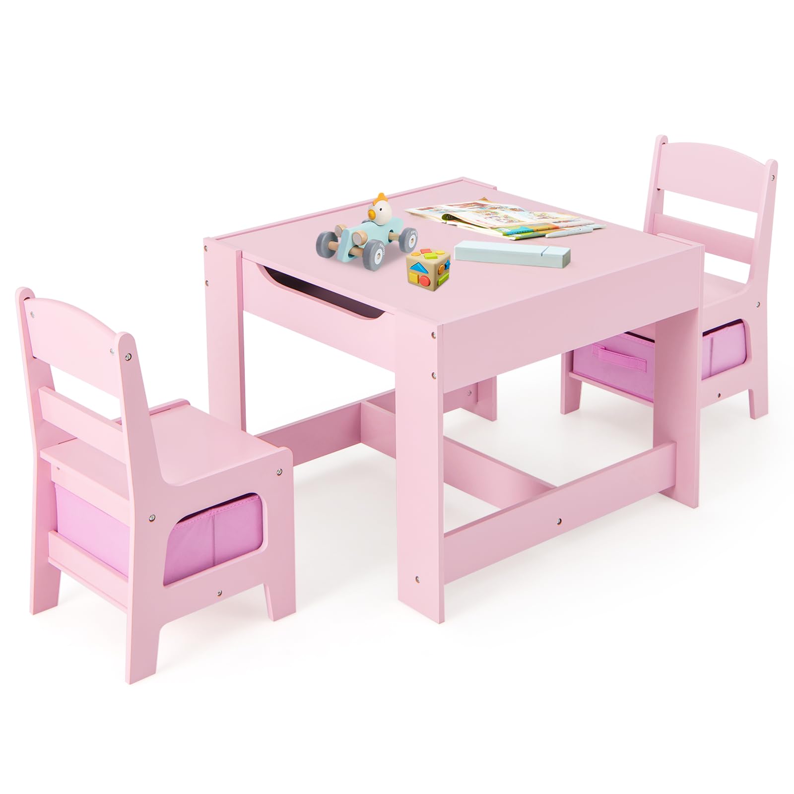 Olakids Kids Table and Chair Set, 3 in 1 Wood Children Desk Set with Removable Blackboard, Storage Drawer, Toddlers Activity Table Furniture for Art