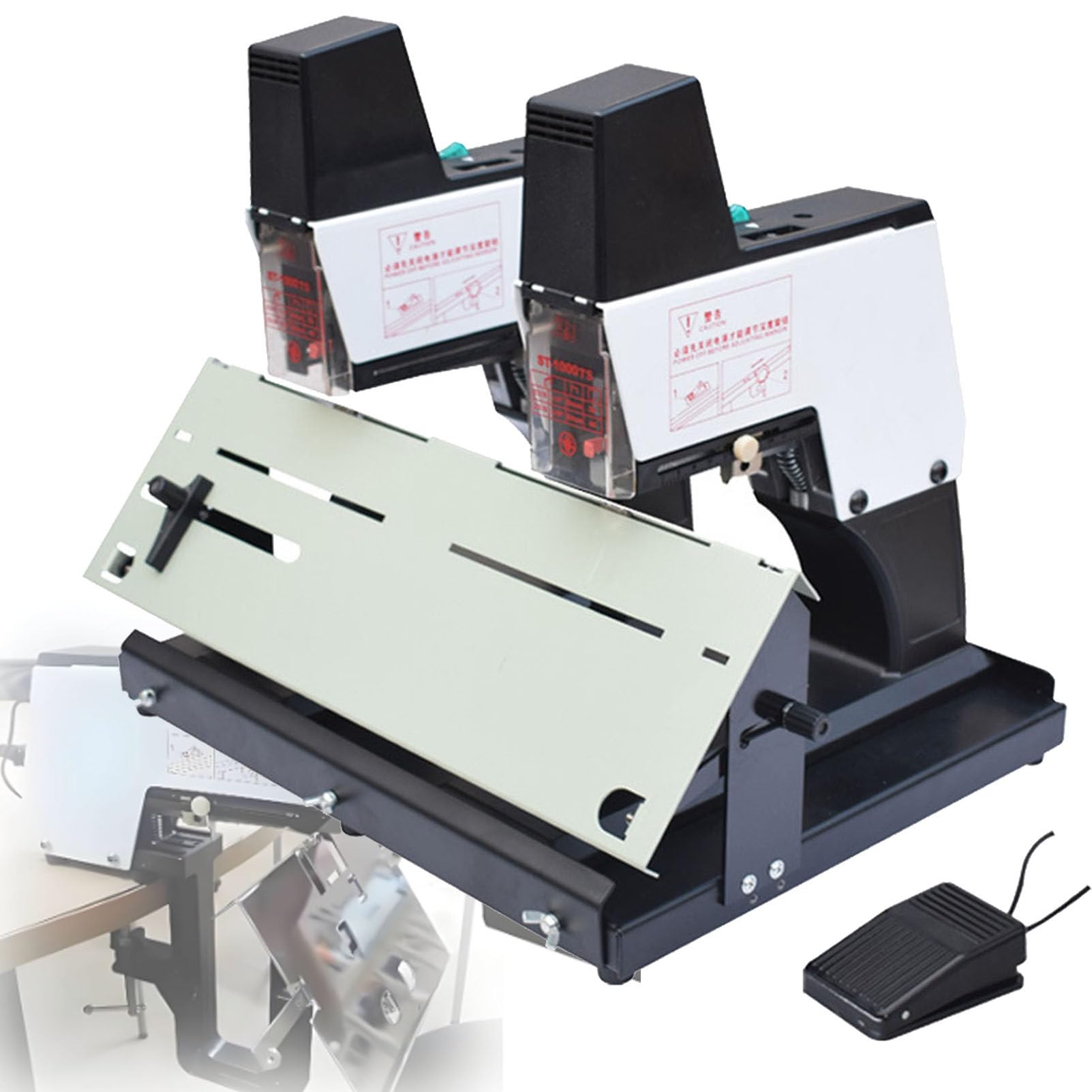Grapadora eléctrica automática de sillín, máquina de encuadernación de pedales, une hasta 40 hojas, grosor ajustable, profundidad de 100 mm, 1-9 niveles de intensidad para encuadernación plana y de