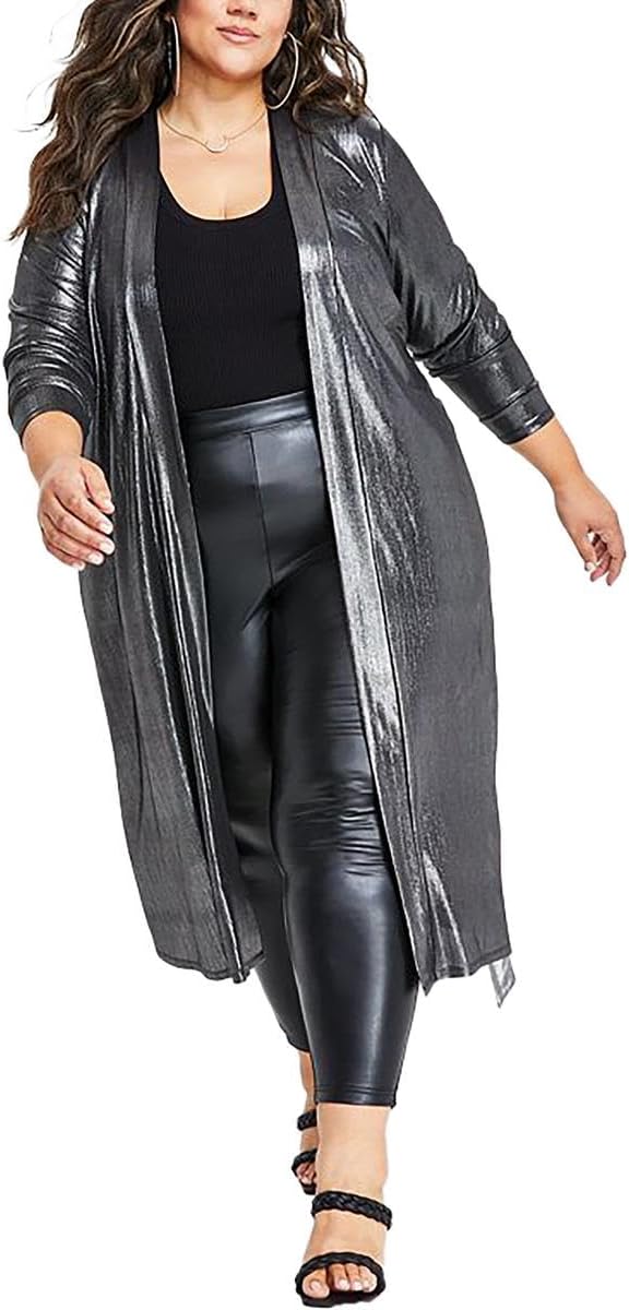 Nina Parker Womens Plus Metallic Long Kimono Silver 1X