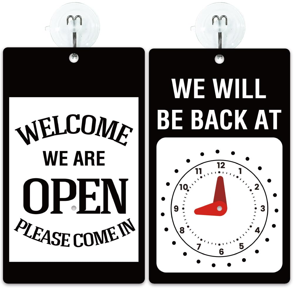 PRESSINART Open Closed Sign for Business 7.87 x 4.72 Inch Be Back Clock Sign with Suction Cup Hooks Black Vintage Double Sides PVC Hanging Plate for Retail Store Door Decor