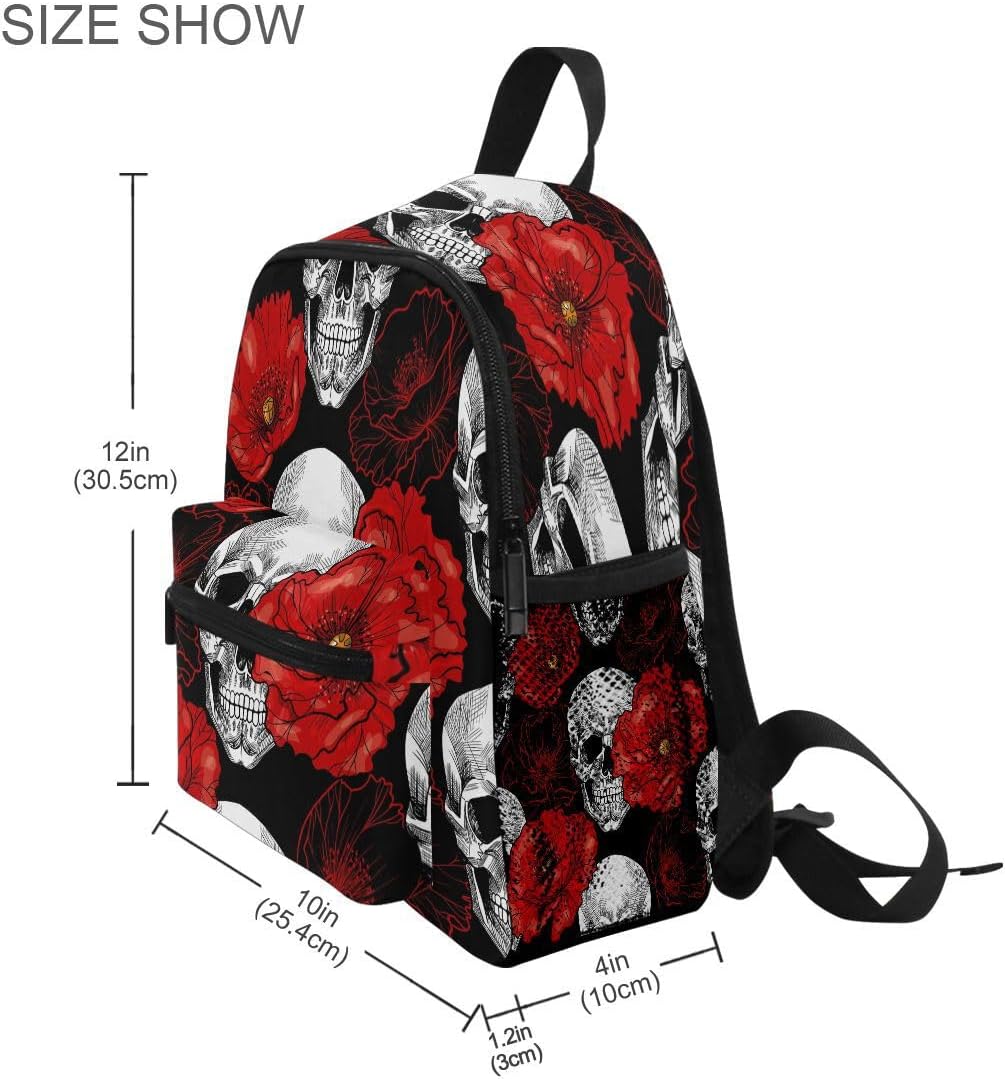 Cute Toddler Backpack Mini Travel Bag Skull Red Poppy Flower Floral for Baby Girl Boy Age 3-7