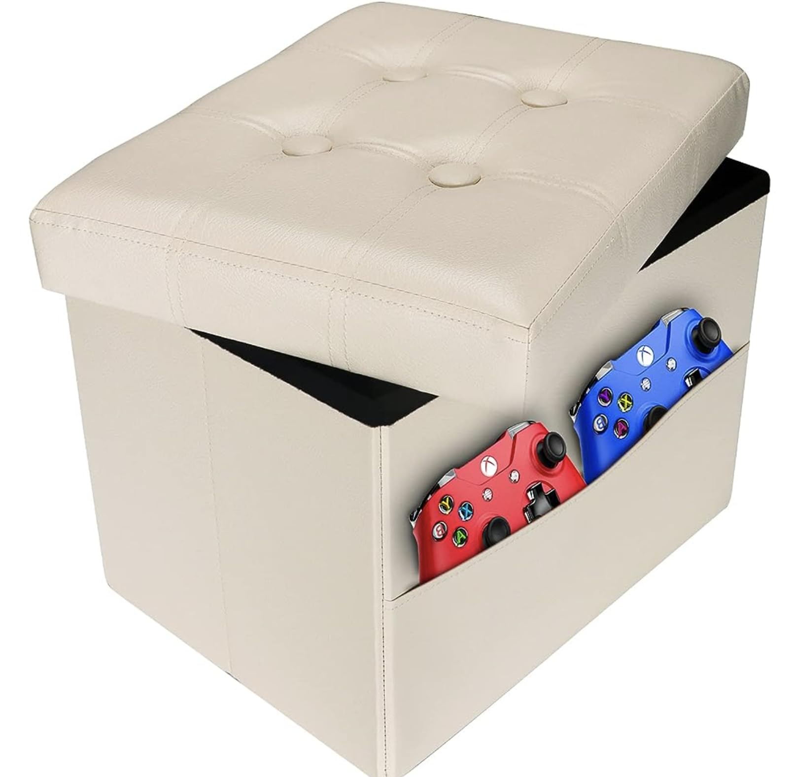 AmasSmile Storage Ottoman Folding Foot Rest Stool with Side Pocket, 16 inches Leather Footstool Bench, Short Ottoman Bench, Storage Foot Rest Store,