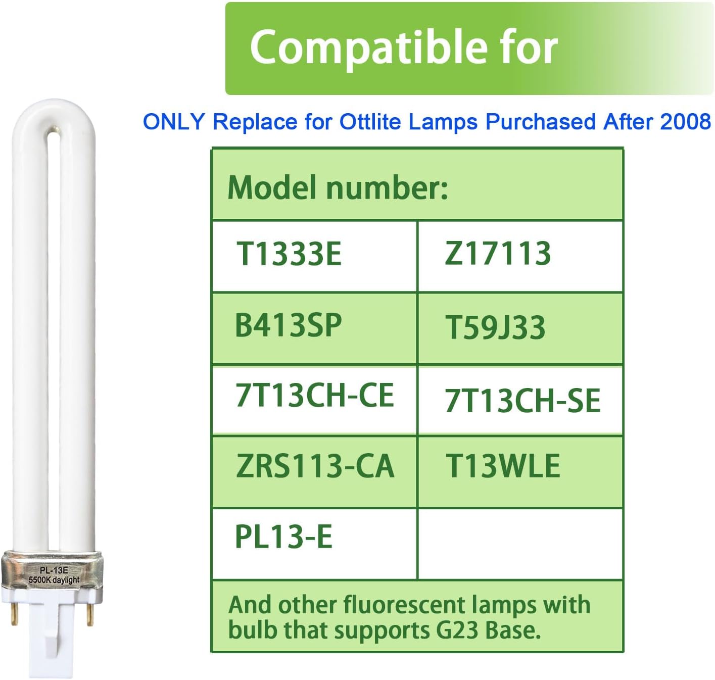 (2 Pack) PL13-E 13W Replacement Light Bulb Compatible with Electronic Ballast,Replace for Ottlite T1333E,13W Type E Compact Fluorescent Light Bulb,5500K Bright Natural Daylight,G23 Base