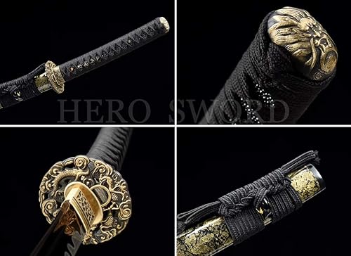 Miniatura 3 de HERO SWORD Katana de oro hecha a mano 1095 acero de alto carbono espiga completa hoja afilada espada samurai japonesa