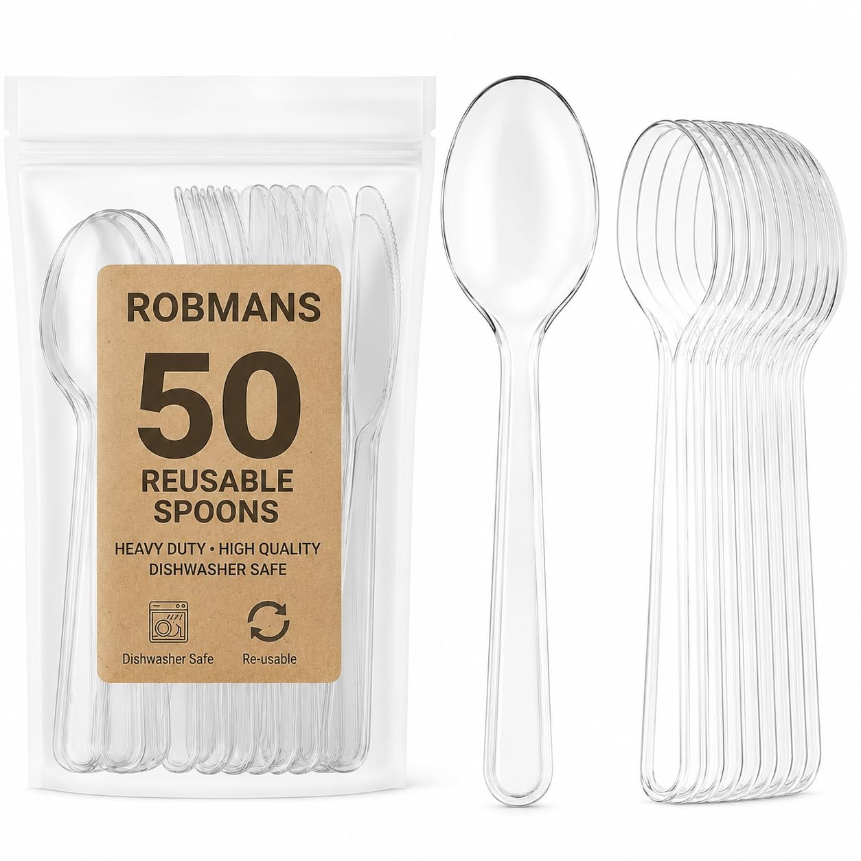 50 Pack Clear Reusable Spoons – Heavy Duty Reusable Bulk Spoons for Parties, Buffets, Desserts, BBQs, Catering & Events – Dishwasher Safe Spoon Set