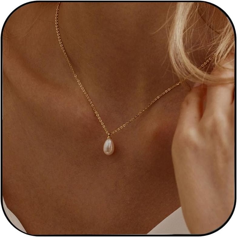 Dainty Gold Necklace for Women,Pearl Drop Trendy Pearls Pendant Necklace 14k Gold Plated Chain Necklace Non Tarnish Cute Single Pearl Necklace for Women Fashion Wedding Jewelry Gifts