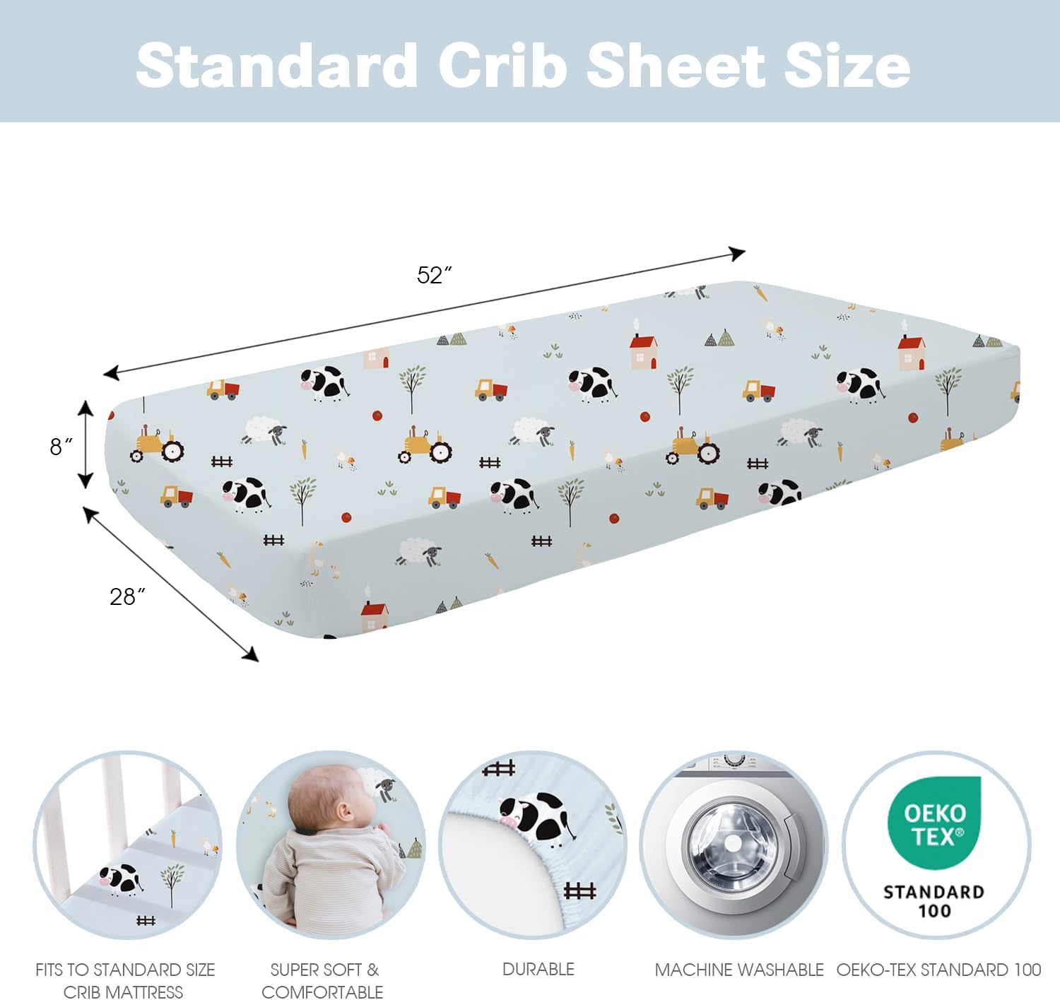 Little Grape Land Toddler Sheets 4 Pack – Baby Crib Sheets Fitted for Boys Girls, Standard Size 28x52‘’ Crib Mattress, Super Soft Breathable Washable Microfiber,Blue Sheep - Image 4