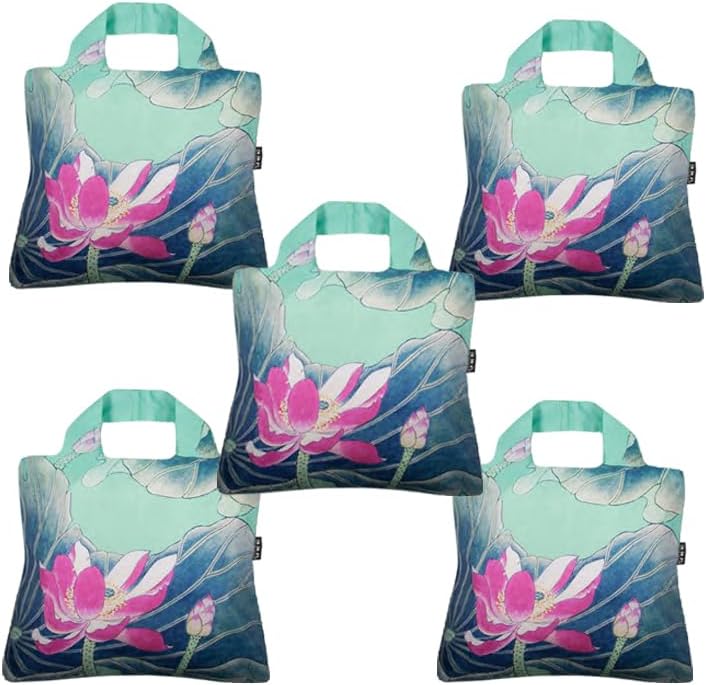 Envirosax Reusable Grocery Bags- Set of 5 Lotus Flower Designs,Eco Friendly Foldable Shopping Tote Bag