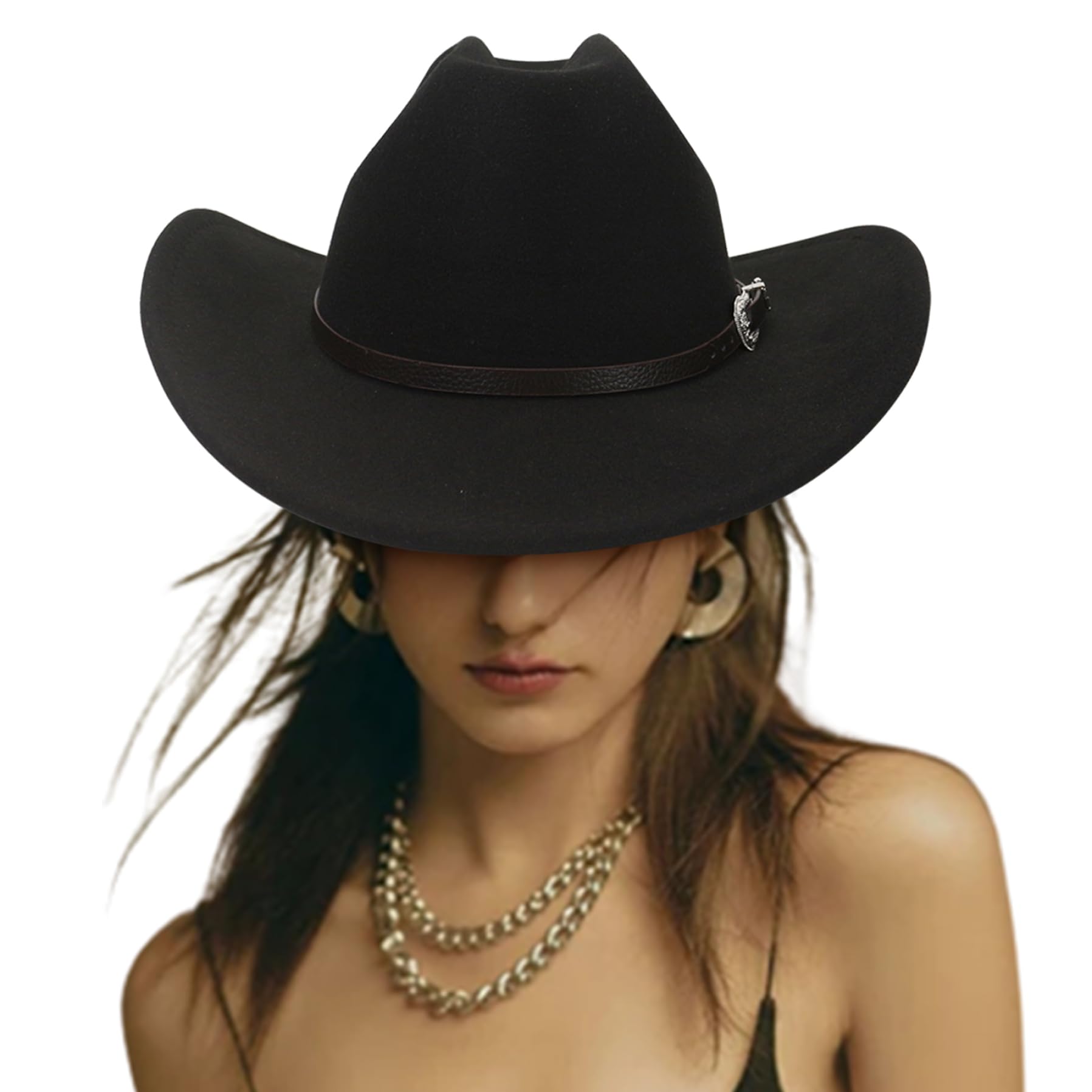 1 por ciento Sombrero de Vaquero para Hombres Mujeres con Sombrero de Vaquero Ancho poliéster Sombrero de Vaquero Negro con cinturón Hebilla