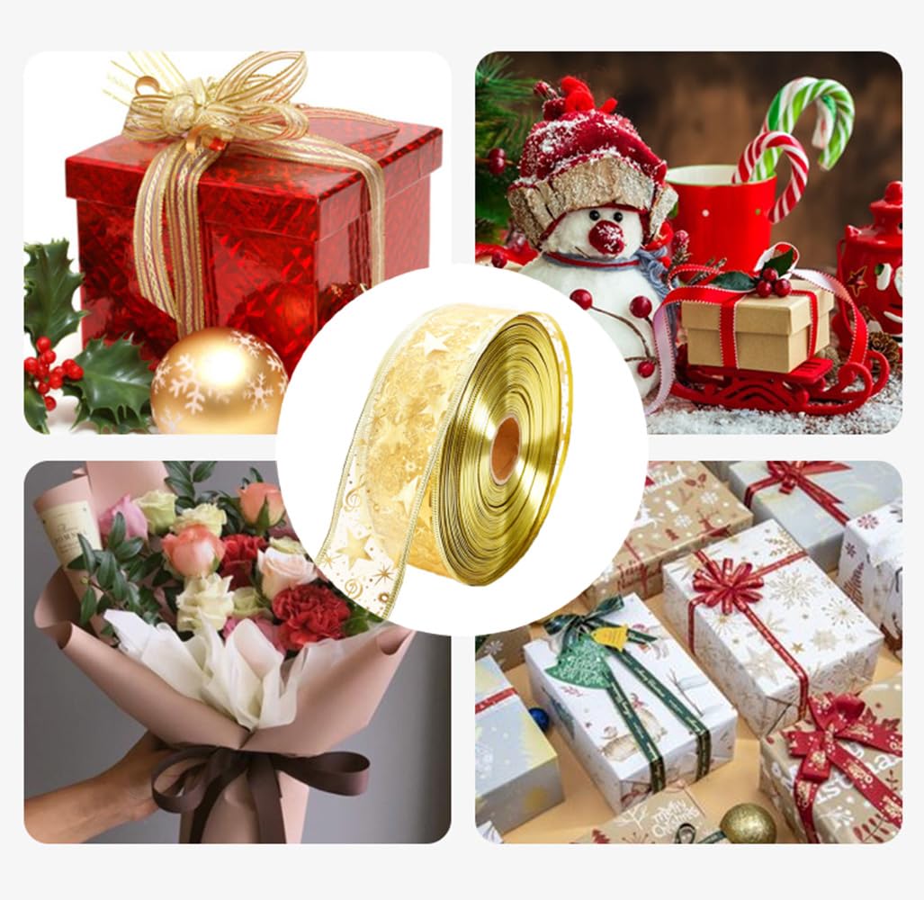 50 Yards Organzaband mit Draht Weihnachtsband 6.3CM Gold Schleifenband Geschenkband mit Sternen Musiknoten Organza Drahtband Glitzerband Weihnachtsbaum Dekoband für Party Hochzeit Kränze DIY