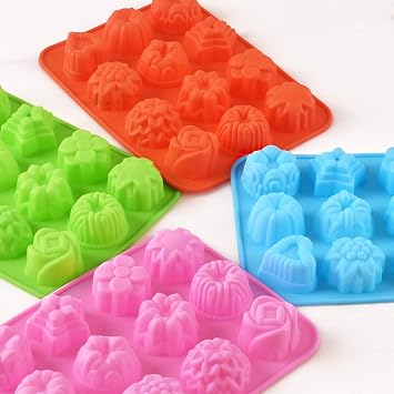 Newk Flower Shape Chocolate Silicone Mold, 12-Cavity Candy Baking Mold for Parties, Festival and DIY Crafts- Pack of 4, Green+ Blue+ Pink+ Orange