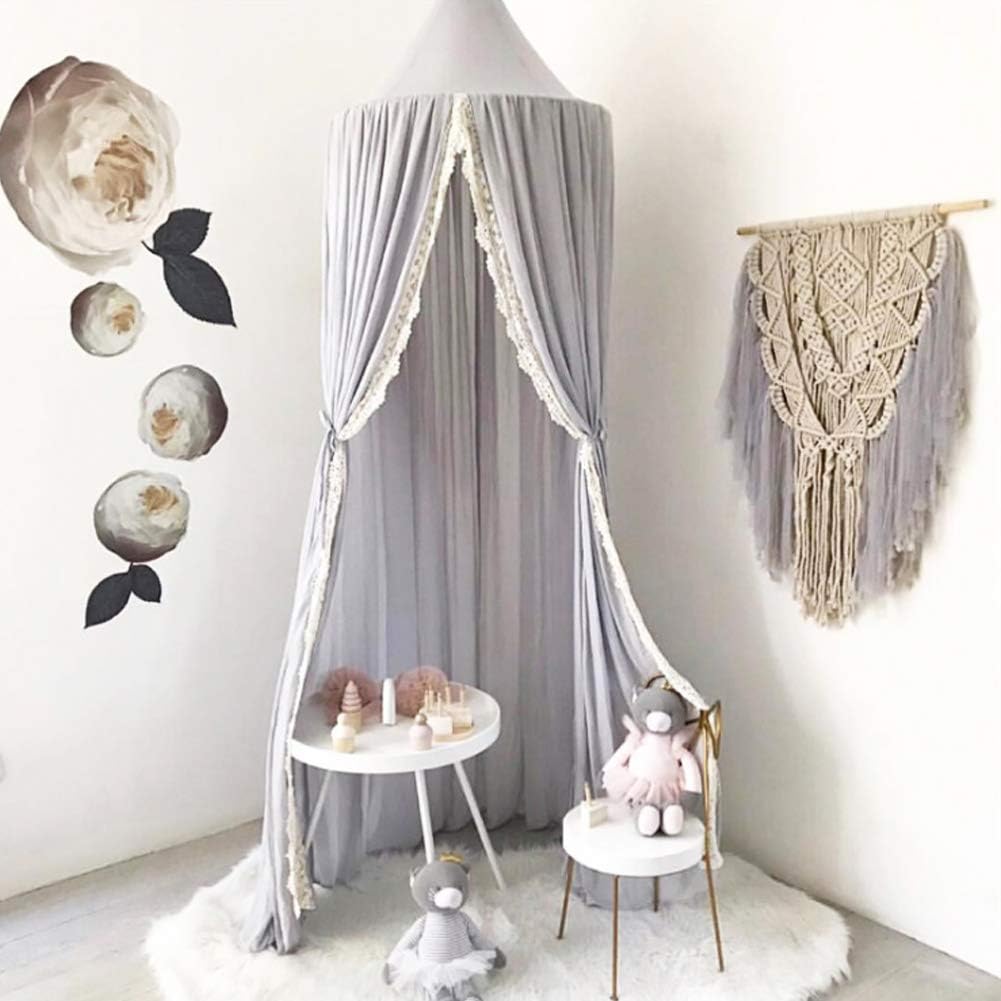 Beautiful Lace Decor Bed Canopy Children Kid Bedroom Netting Home Decoration Pink Gray White Cotton Iron Plastic 60 x 240 cm (Gray)