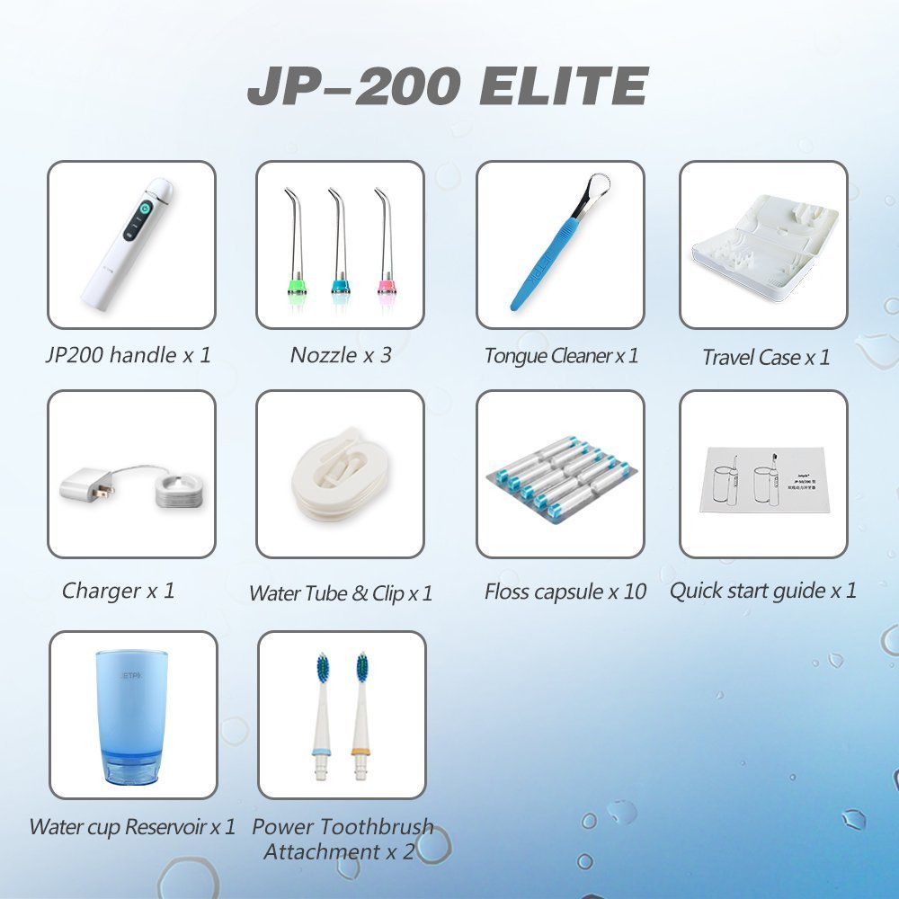 JETPIK 200 (Elite) Sistema 3 en 1: hilo dental eléctrico con impulso - irrigador bucal y cepillo de dientes sónico en una pieza de mano - para limpiar los espacios interdentales recargable con kit de