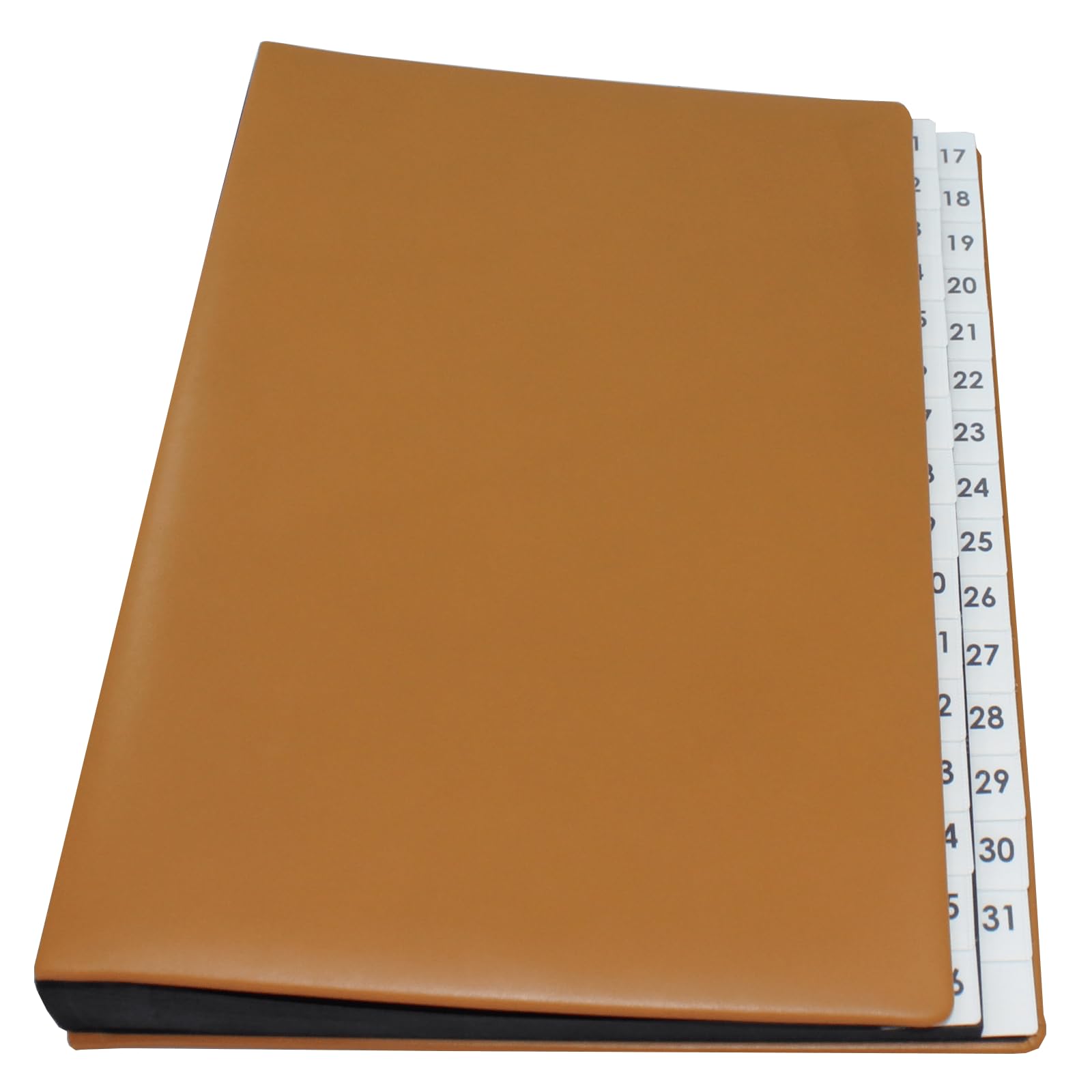 Raccoglitore con registro 1-31 in pelle bovina liscia in cognac, adatto per DIN A4, copertina morbida con dorso elastico, goffrato su richiesta