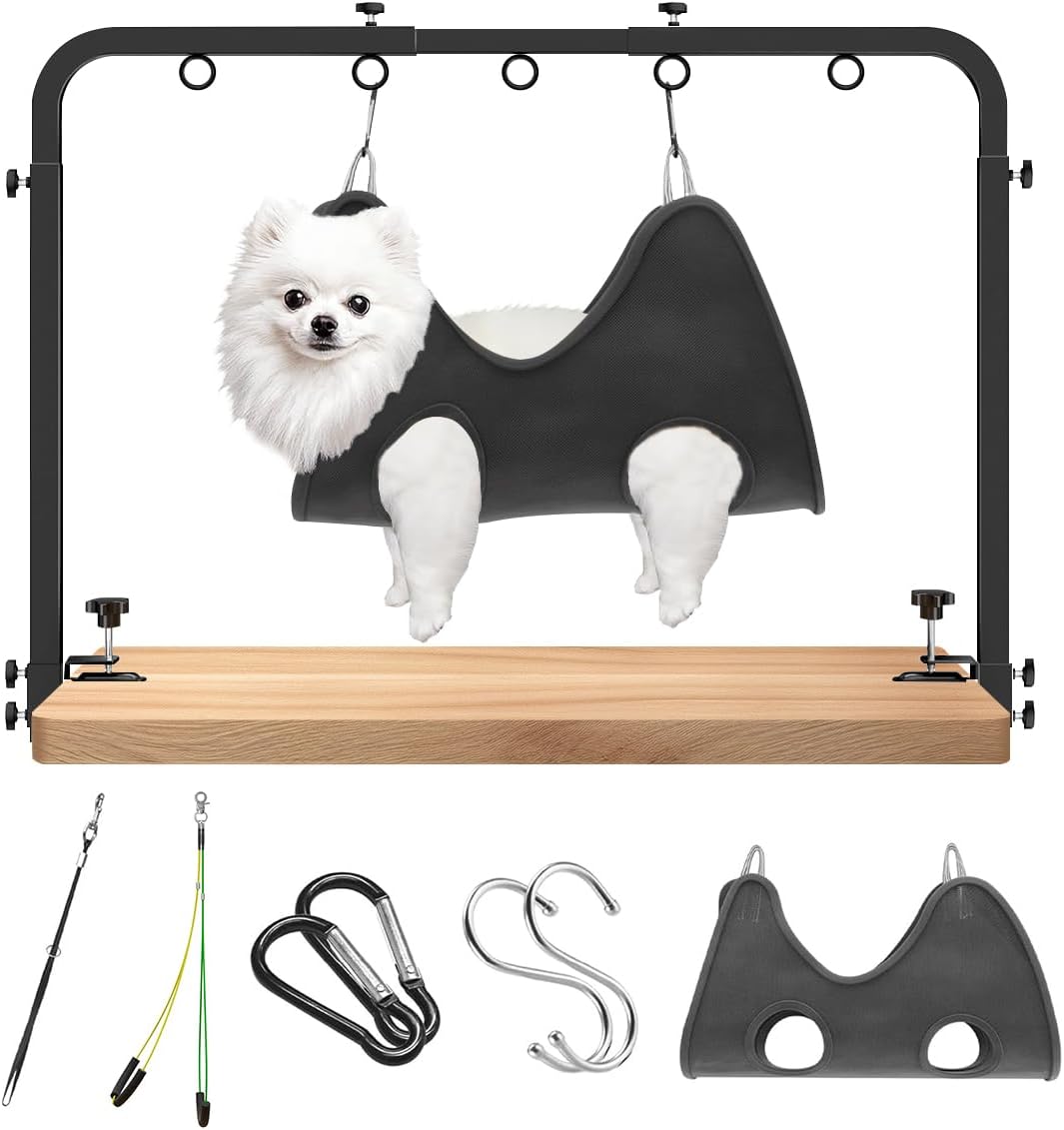 Portable Adjustable Dog Grooming Arm for Table- Pet Grooming Table Arm with Hammock & 2 Nooses, 42" Height Adjustable and 27" - 39" Width Adjustable,Applicable to Home & Store Pets