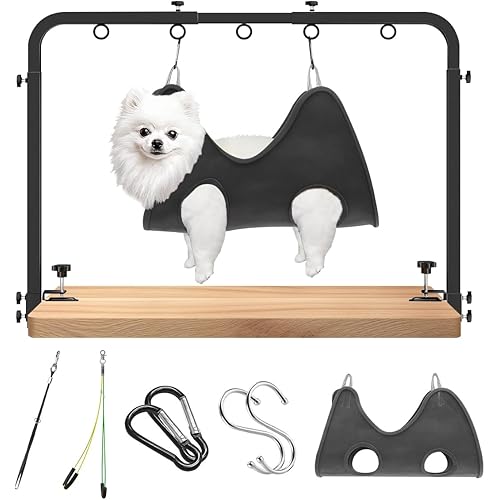 Portable Adjustable Dog Grooming Arm for Table- Pet Grooming Table Arm with Hammock & 2 Nooses, 42" Height Adjustable and 27" - 39" Width Adjustable,Applicable to Home & Store Pets