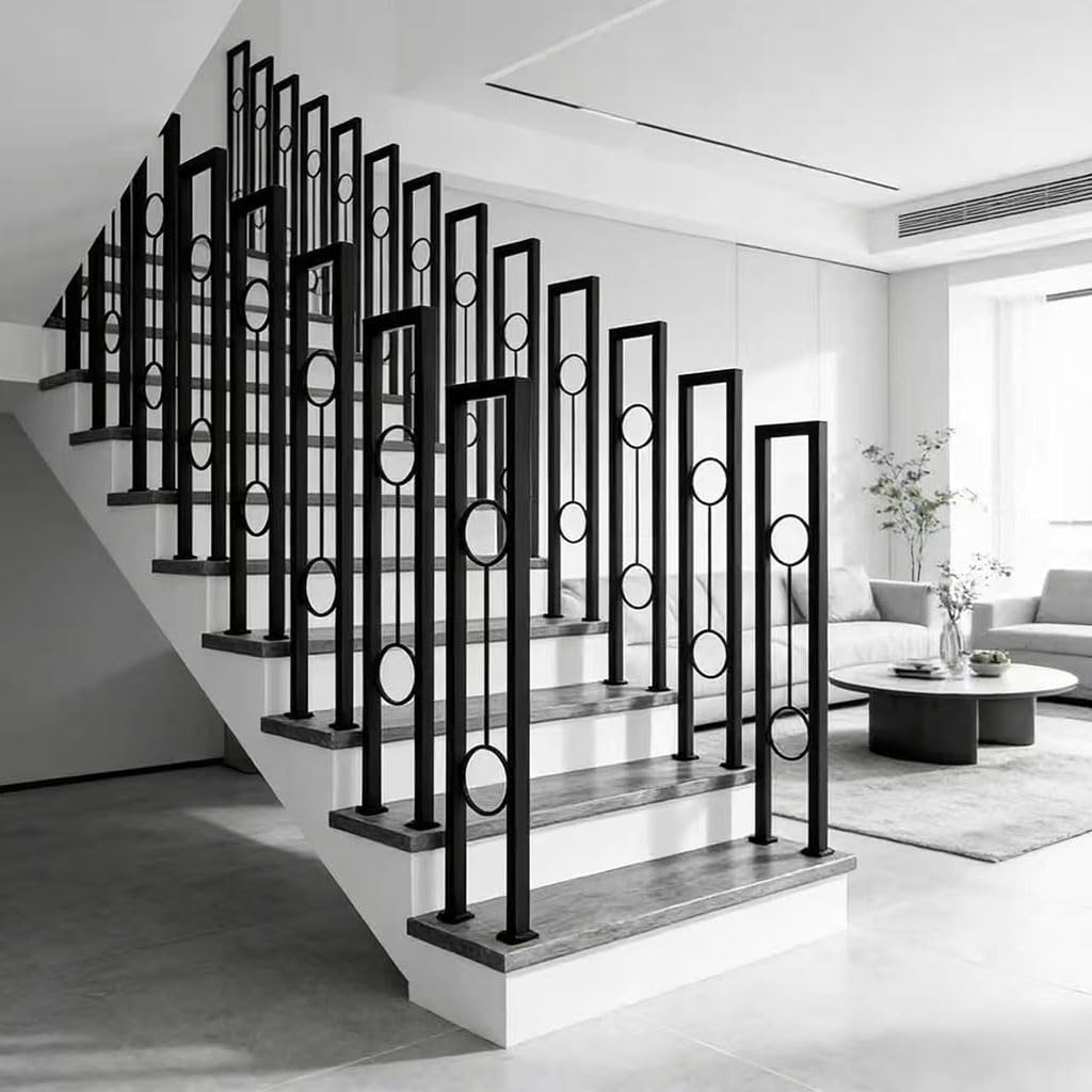 Yczhd Black U-Shaped Wrought Iron Stair Railing, Metal Handrail With Double Circle Pattern,Indoor Outdoor Step Hand Rail For Porch,Loft,Corridor,Garden Balustrade Staircase(Size:95cm/37.4In,Color:black)