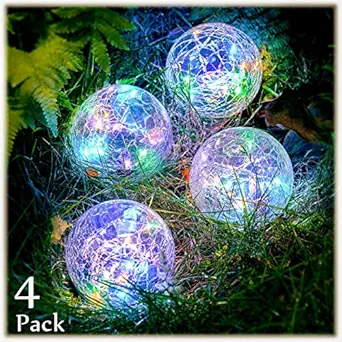Garden Solar Lights Cracked Glass Ball Decorative Solar Globe Lights Outdoor Landscape Lights Waterproof LED Solar Patio Lights for Pathway Walkway Garden Yard Lawn Decoration (4 Pcs, 3.9 Inch)