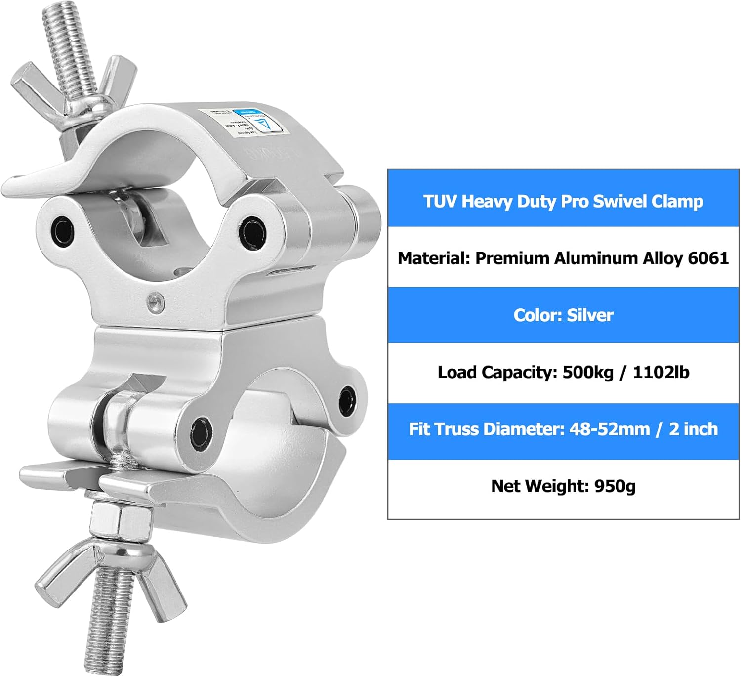 2 Inch Pro-Swivel Truss Clamp TUV, 2 Pack Eyeshot Heavy Duty 1100lb Swivel Coupler Truss Clamps, Dual Head Turn As Needed Two 360 Degree Lighting Clamps, Fit Pipe/Truss OD 48-52mm