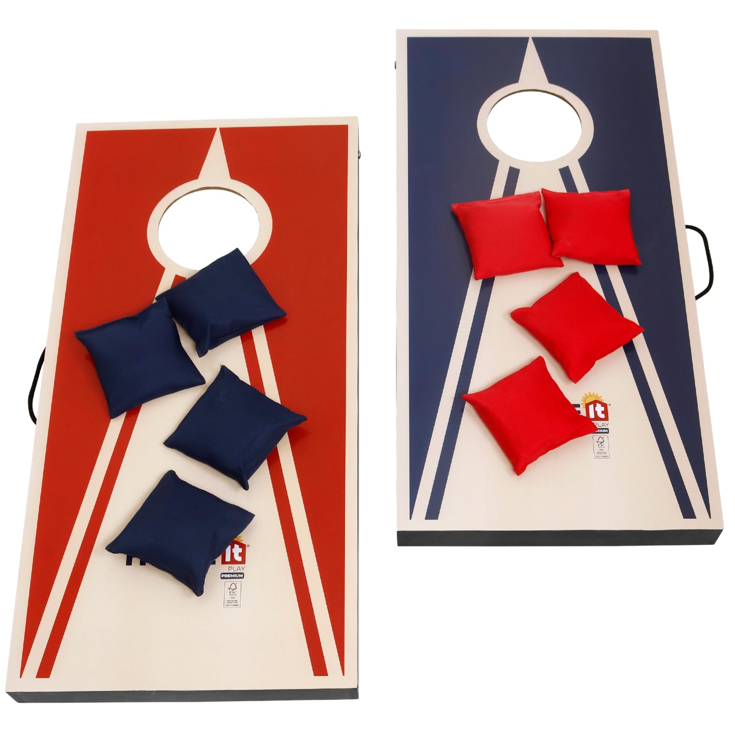HOME It Play - Juego de Cornhole con Bolsas de Lanzamiento - 2 Tablas + 8 Bolsas - Juego de Exterior Compacto con Asas - Ideal para jardín y Playa Camping