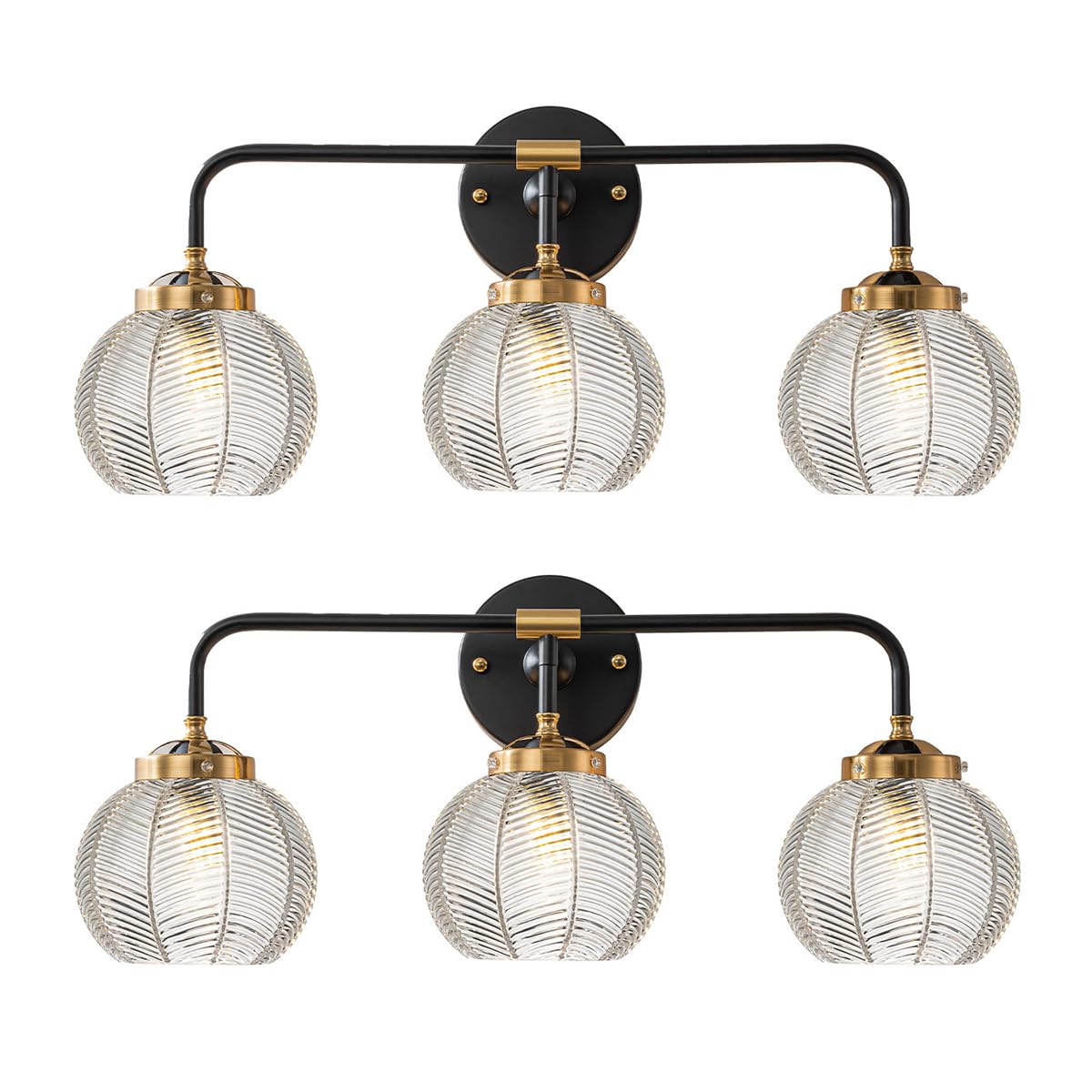 Farmhouse Vanity Light Vintage Modern Light Fixture for Bathroom Globe Wall Sconce Indoor Clear Glass Ribbed Mid Century Wall Sconce 3 Lights Over Mirror Vanity Lighting Bathroom