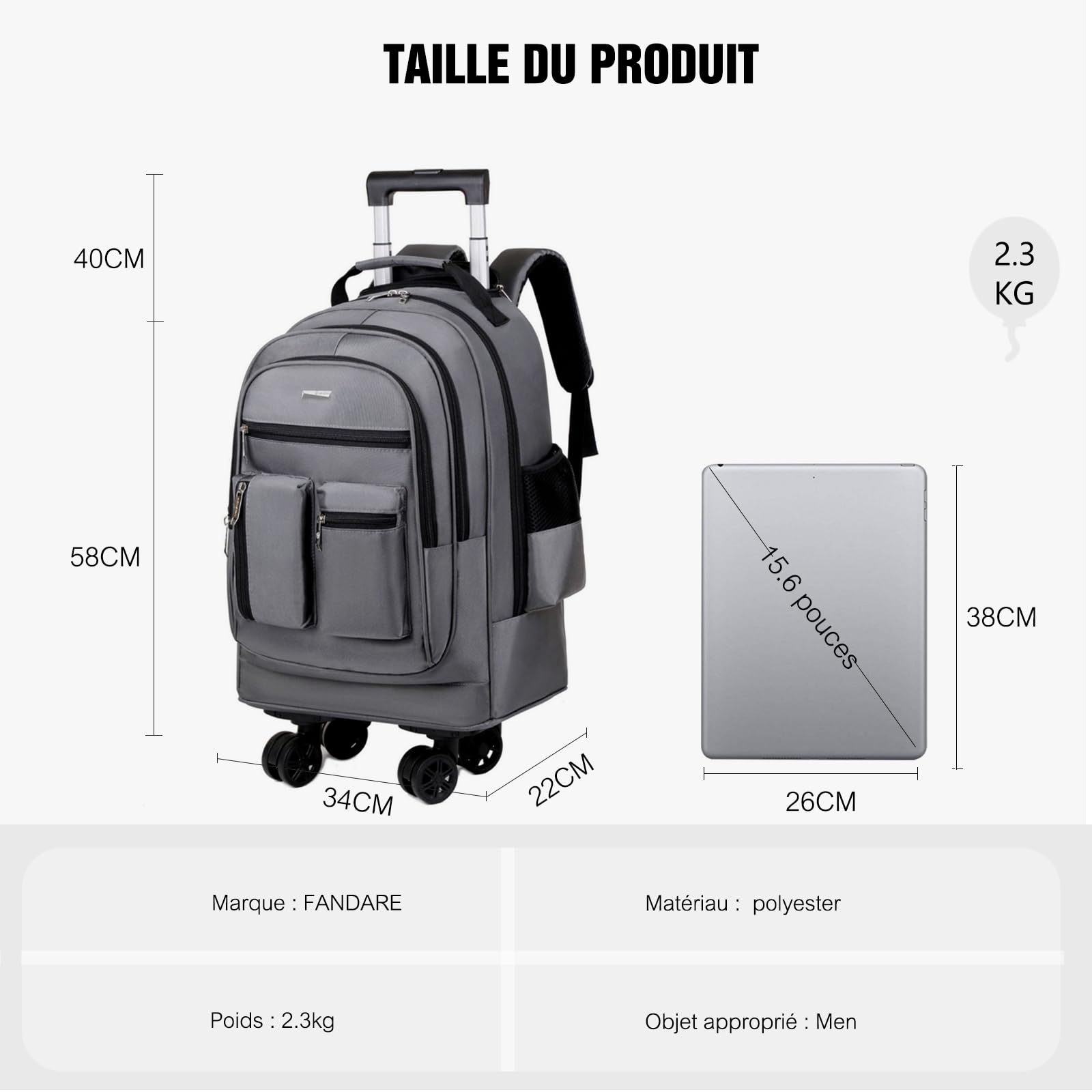 FANDARE 35L Sac à roulettes ordinateur Homme Mallettes Trolley Business pour 15.6 Pouces Laptop Convertible Trolley Daypack Femme 2-en-1 Sacoche Enseignant Rolling Sacs voyage Mallette Valise