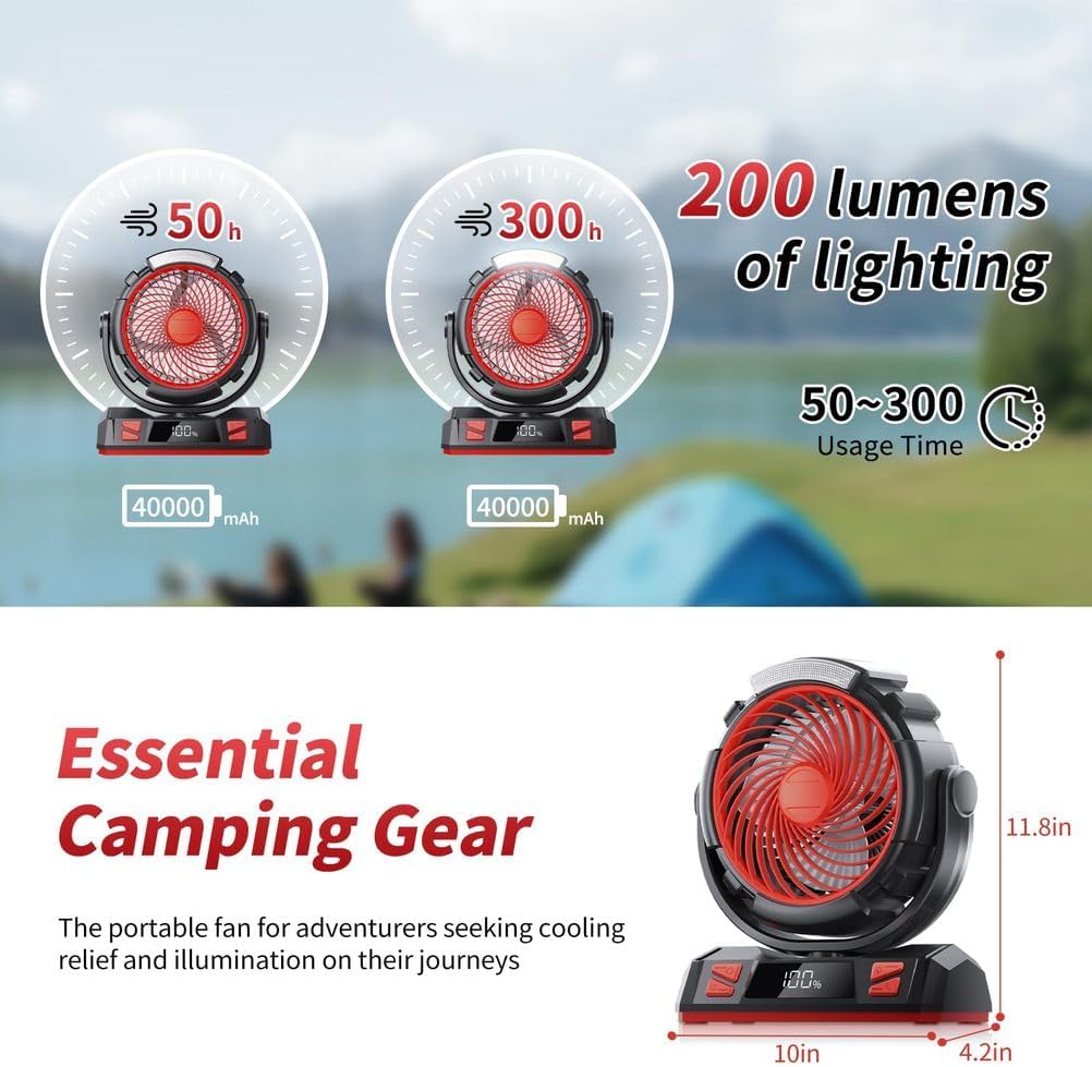 Camping LED Fan with Light, 6 Speed 20000mAh Rechargeable Battery Powered Outdoor Tent Fan with Light and Hook, Personal USB Desk Fan for Camping, Fishing