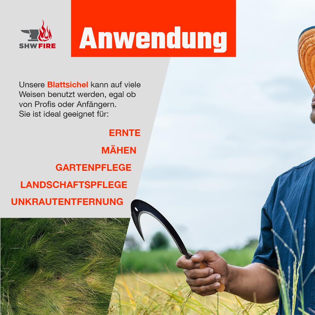 SHW-FIRE Blattsichel für den Garten mit Holzgriff - Handgeschmiedete Rund-Sichel für Handsichelarbeiten - inkl. Schneideschutz - Made in Germany
