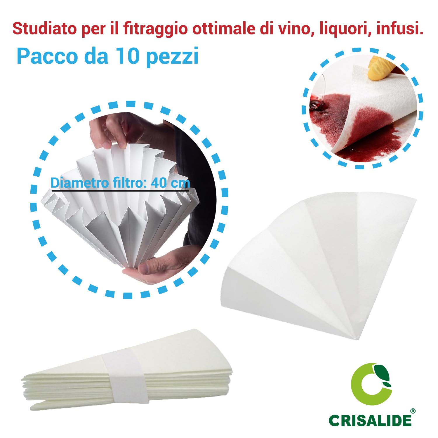 CRISALIDE Filtros de papel para destilados Ø 40 cm – Paquete 10 unidades – Filtros alimenticios para vino, licores, zumos