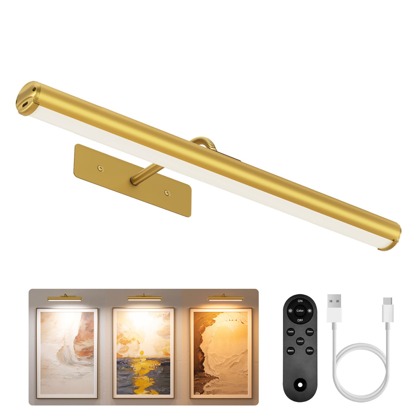 EZVALO Picture Lights for Wall, 16'' Wireless 6000mAh Rechargeable Battery Operated Painting Light with Remote, 3 Color Temperatures Art Light for Gallery, Living Room, Hallway (Gold, 16in)