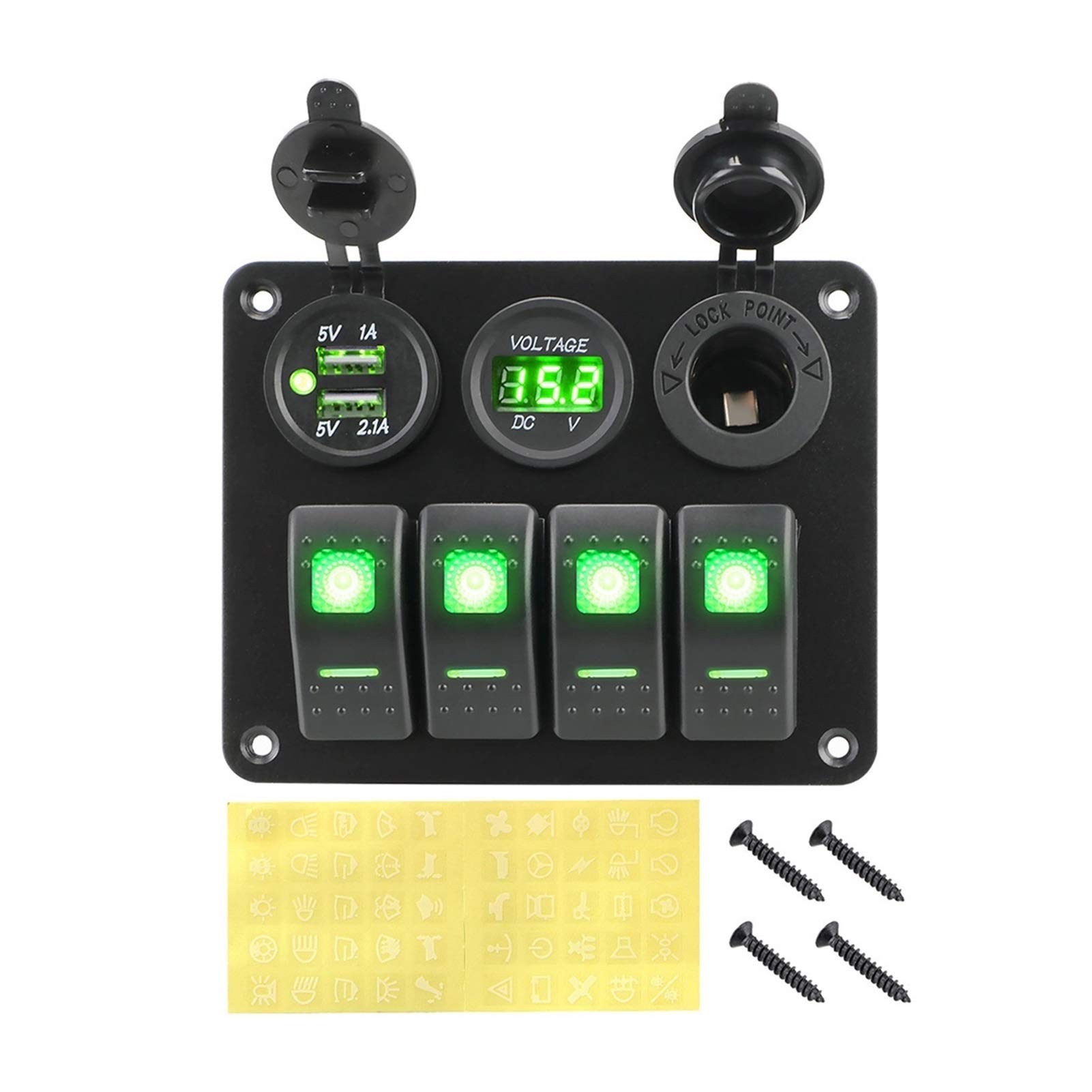 Panel de interruptores basculantes 4 bandas, for voltímetro digital, disyuntor puerto USB doble, panel aluminio, for caravanas, autocaravanas, vehículos recreativos, 12 V y 24