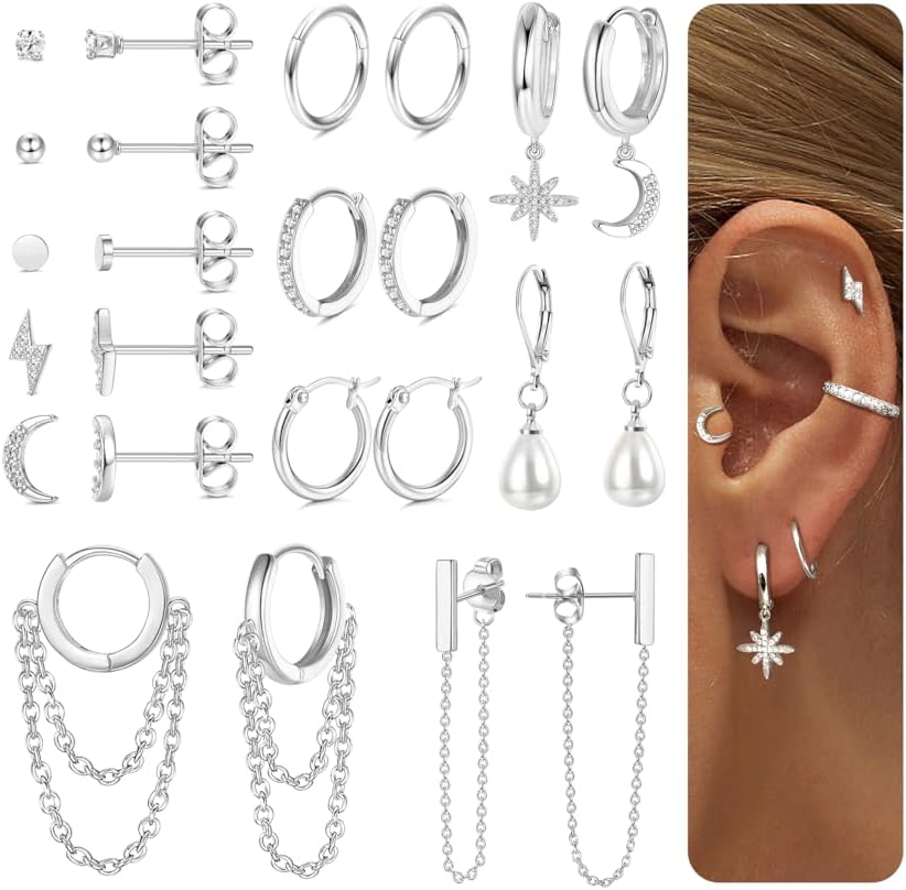 FASACCO 12Pairs Gold Hoop Earrings for Women 14K Gold Plated Cartilage Earring Sets for Multiple Piercing Hypoallergenic Stainless Steel Earrings Dainty Earring Stack Small Hoop Stud Earrings