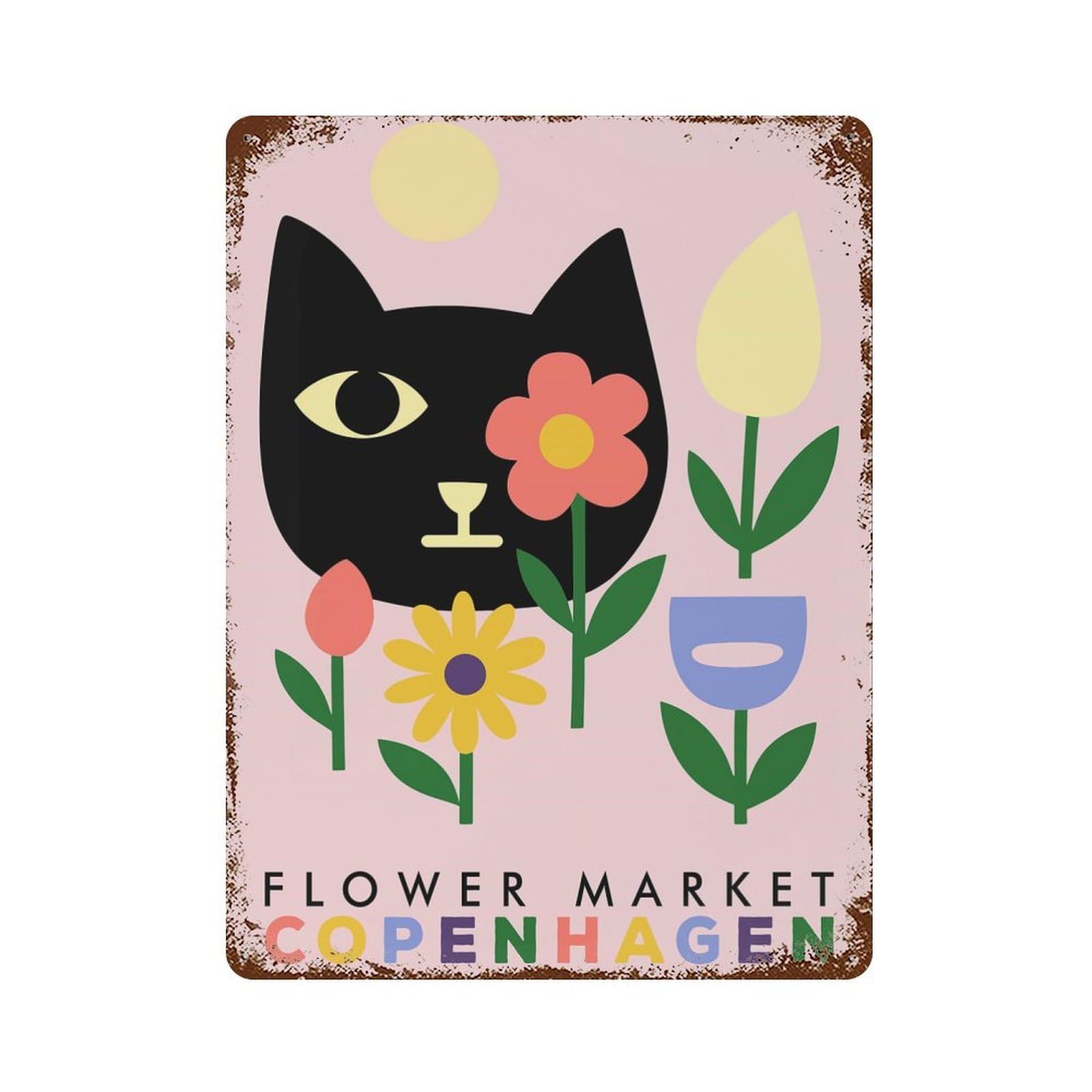 Flower Market Copenhagen Cat Art Rustic Tin Plaque 15.7"x11.8", Ideal for Shed, Workshop And Garage Wall Decor