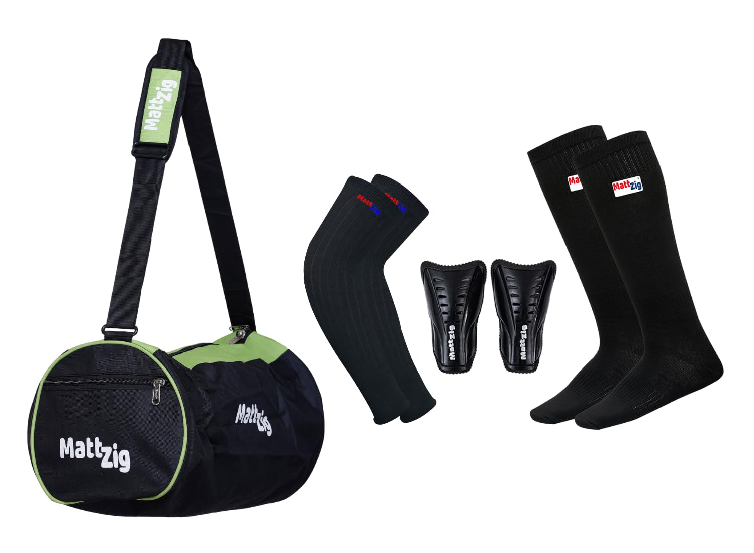 MattZig® Club Football Kit - Black/Green: Knee Length Lycra Cotton Socks, Shin Guard, Arm Sleeves, Kit Bag
