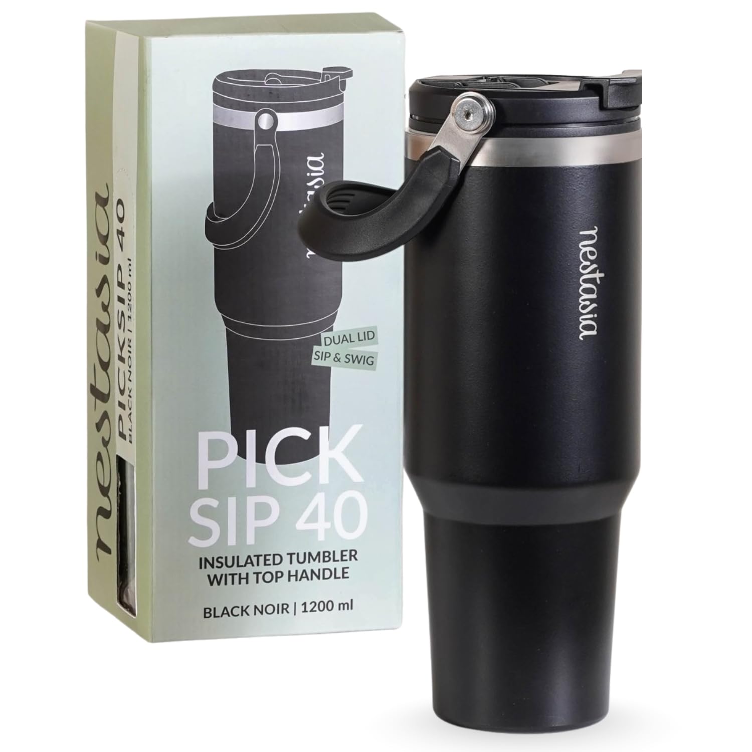 Nestasia PickSip40 Tumbler with Straw & Top Handle 1.2L | Insulated Stainless Steel Sipper Water Bottle for Adults with Dual Flip Opening Sip-Swig Leakproof Lid for Office & Gym (Black Noir)