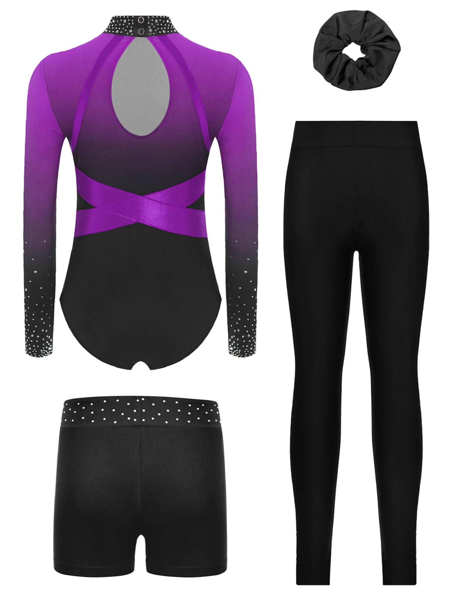 Justaucorps Gymnastique Enfant Fille Strass Leotard avec Legging Short Chouchou Ensemble Danse Patinage