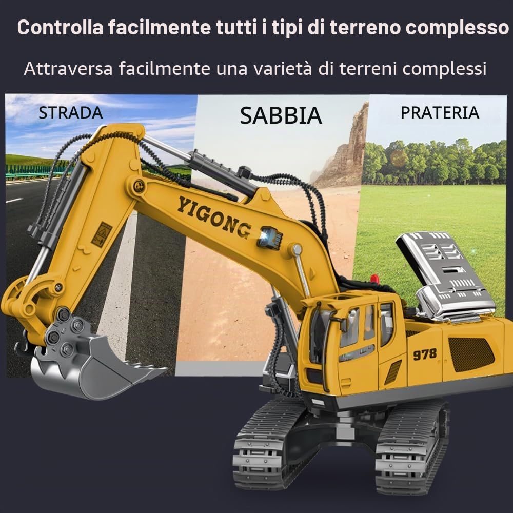 X-Verse Escavatore Telecomandato per Bambini, Giocattolo da Costruzione Telecomandato, 1: 20 Escavatore Cingolato RC con pala in Metallo, 11 Canali, Rotazione di 680°, Regalo di Natale