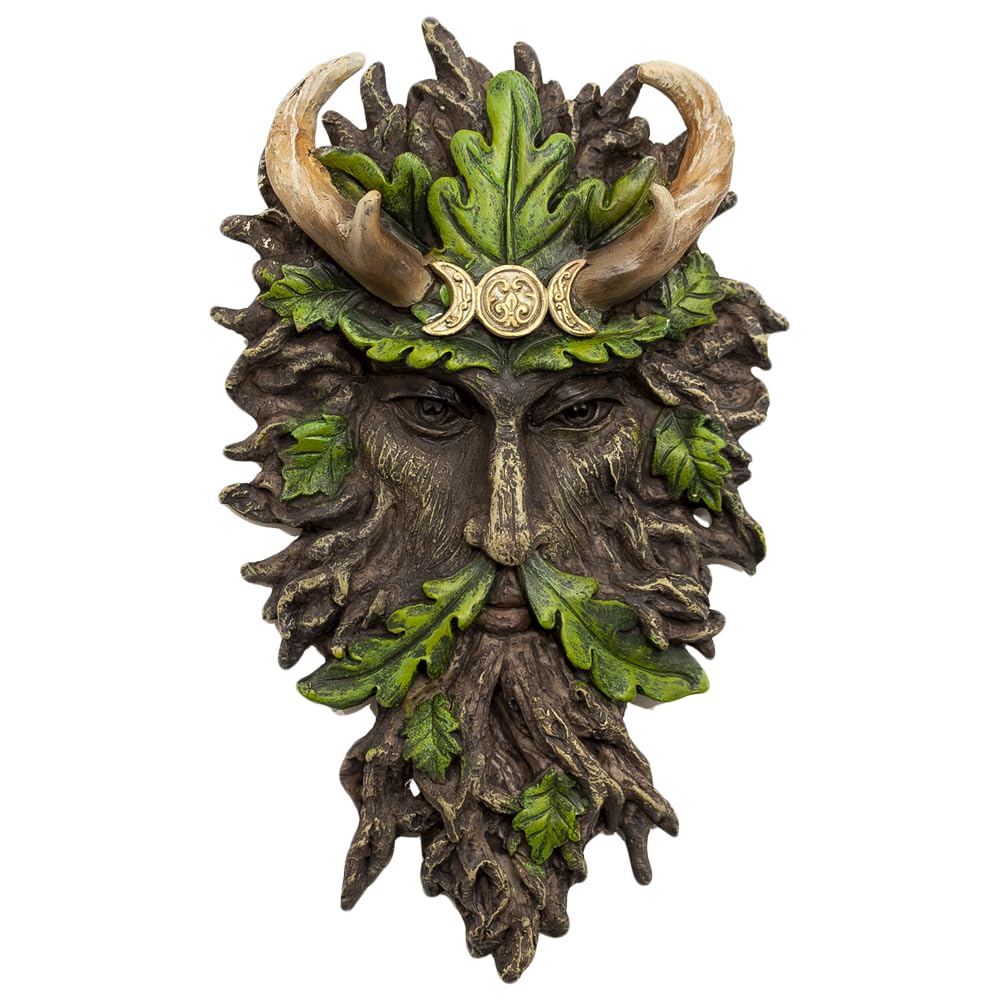 Darthome Green Man Tree Face Wall Plaque, Resin Garden Decor, Gothic Forest Treeman with Horned Crown, Hand Painted, 17x28x5cm