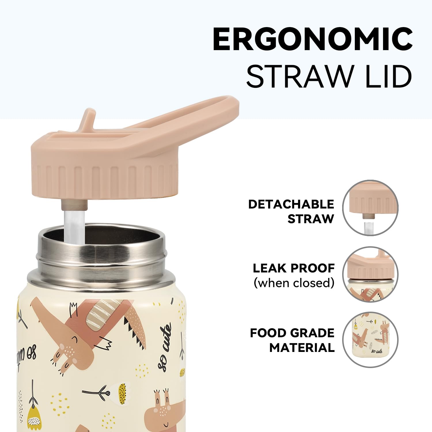 SANTECO Borraccia Bambini Acciaio Inox, Bottiglia Termica a Prova di Perdite con Cannuccia, Termos 350 ml, Senza BPA, Coccodrillo