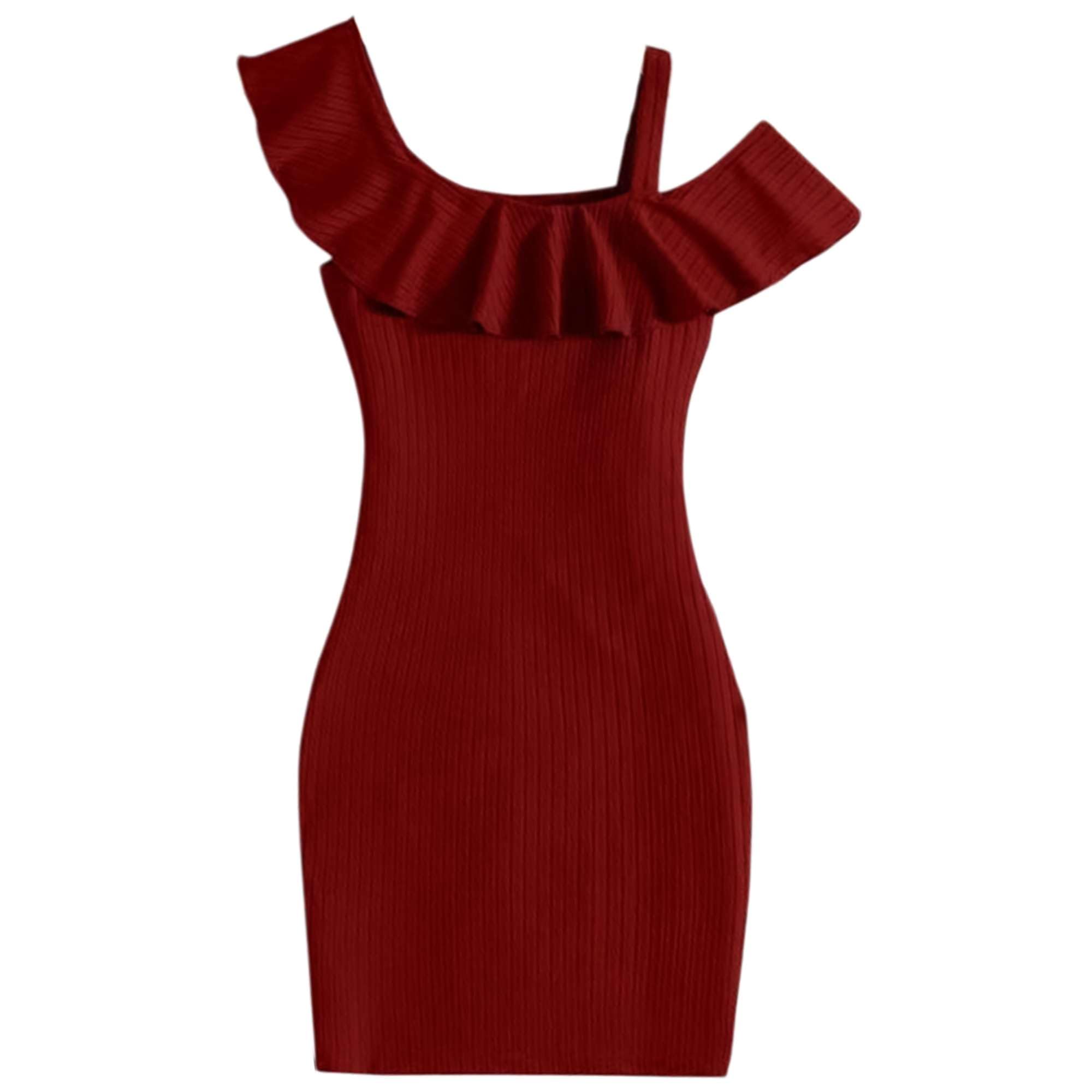 Girl's One Shoulder Bodycon Dress for Kids, Baby Girl Bodycon Polyester One Piece Neck Ruffle Trim Rib-Knit Dress-image-39