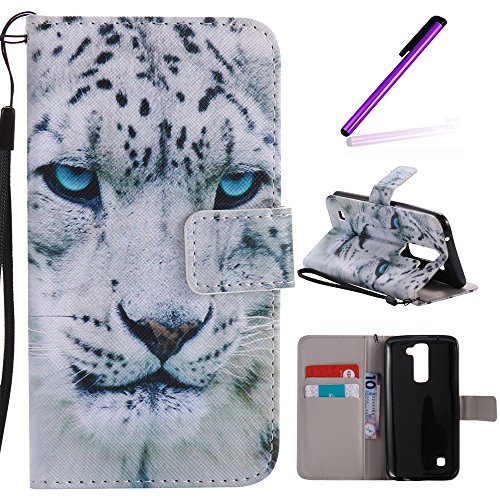 LG K7 Case,LG K8 Case, LEECOCO Fancy Paint Design Wallet Case with Card Slots Shocoproof Colorful Floral PU Leather Flip Stand Magnetic Case Cover for LG K7 / K8 / LG Tribute 5,Blue Eyes Tiger