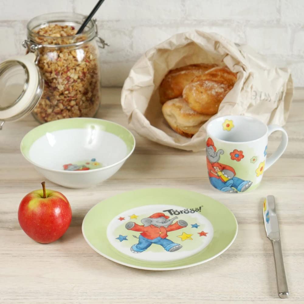 Kinderset Benjamin Blümchen 7tlg. mit Gravur (z.B. Namen) personalisiertes Kinderbesteck + Kindergeschirr (Teller, Schale, Tasse)