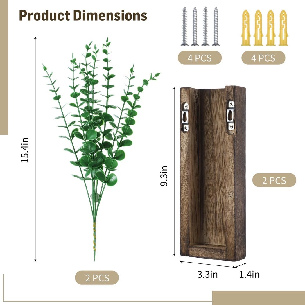 Paire de supports muraux en bois avec faux eucalyptus pour fleurs séchées