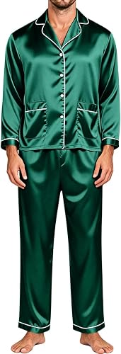 Men Satin Pajamas Set Button Down Tops & Cropped Pants Fall Sleepwear Sets