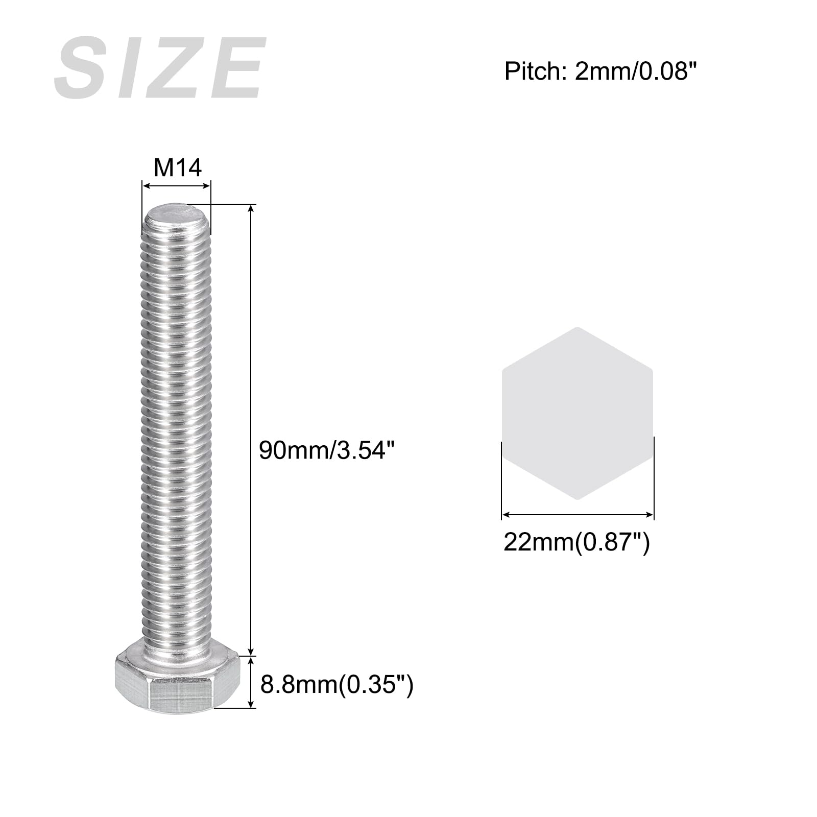 METALLIXITY Hex Bolts (M14-2x90mm) 2Pcs, 304 Stainless Steel Coarse Fully Threaded Hex Head Screw Bolt Machine Screws - Image 2